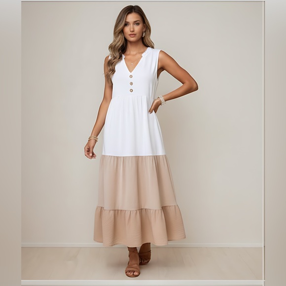 Color block Button Front Ruffle Hem Dress - Picture 1 of 6